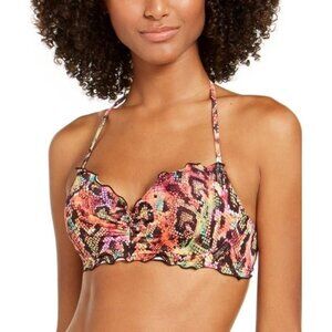 Multicolor Snake Print Padded Halter Bikini Top With Ruffled Trim & Back Tie Clo